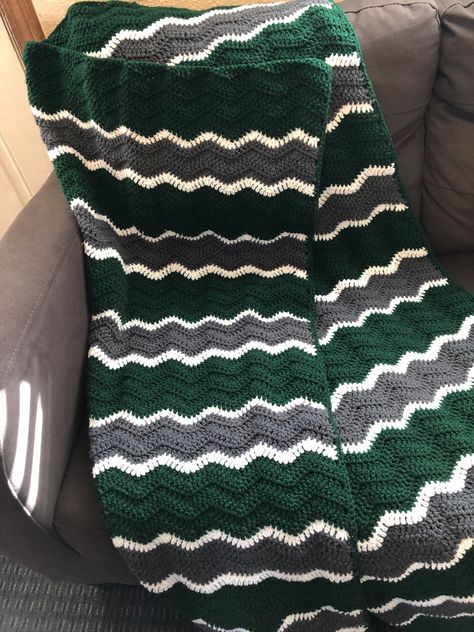 Green & grey ripple crochet Lap blanket. Green And Gray Crochet Blanket, Crochet Grey Blanket, Green And Grey Crochet Blanket, Green Black And White Crochet Blanket, Emerald Green Crochet Blanket, Green Crochet Blanket Color Combos, Green And Black Crochet Blanket, Green Crochet Blankets, Dark Green Crochet Blanket