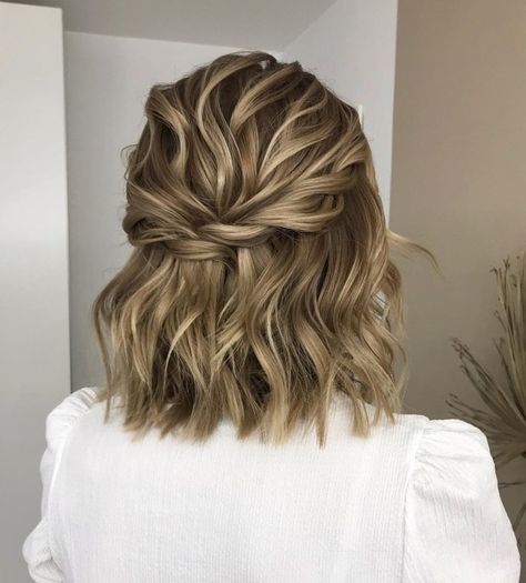 Wedding Twisted Half-Up Bob Hairstyle Braided Updo Half Up Half Down, Half Up Dos For Short Hair, Short Hair Hairstyles For Prom, Short Hair Half Up, Short Hair Wedding Guest Styles, Streaky Highlights, Short Hair Prom Hairstyles, Half Up Half Down Short Hair, Wedding Hairstyles For Short Hair