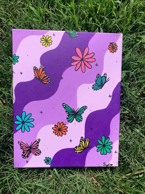 Butterflies and Flowers - Etsy UK -  #Butterflies #Etsy #Flowers Check more at https://ifoundaideas.com/paint/butterflies-and-flowers-etsy-uk/ Trippy Draw, Painting Mood, Painting Board, Posca Art, Giraffe Art, Canvas Drawing, Hippie Painting, Pop Art Canvas, Easy Canvas