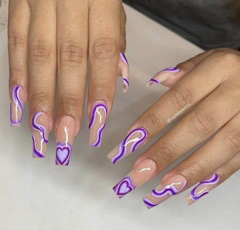 Nail Art On Purple Nails, Birthday Nail Designs Short, Purple Design Nails, Dope Nail Designs Purple, Purple Nail Inspo Acrylic, 80s Nails, Abstract Nail, Summer Acrylic, Purple Acrylic Nails