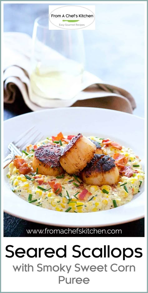 Sweet Corn Puree, Catered Appetizers, Corn Puree, Seafood Dinner Party, Grilled Sweet Corn, Seafood Entrees, Seared Scallops, Scallop Recipes, Fish Dinner