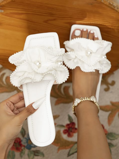 Women Ruffle & Faux Pearls Decor Slide Sandals, Fashion Summer Flat Sandals White         Women Shoes, size features are:Bust: ,Length: ,Sleeve Length: Cute Summer Sandals Flats, Wedding Shoes Beach Brides, Bride Beach Shoes, Boho Pearl Wedding, White Wedding Sandals, Wedding Flip Flops For Bride, Bride Flat Shoes, Wedding Slides, Fancy Shoes Flats