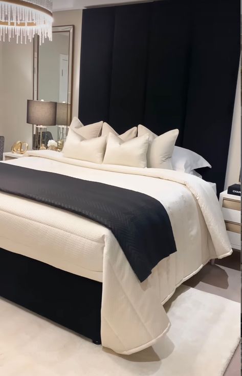 Bedroom Black Velvet Bed, Tall Black Headboard, Black Velvet Headboard Bedroom Ideas, Black Headboard Ideas, Black Panelling Bedroom, Large Headboard Bedroom, Black Bedframe Bedroom, Black Bed Ideas, Black Velvet Bed Frame