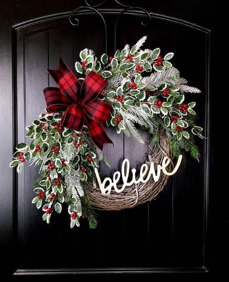 Welcoming Country Christmas Wreath Ideas For Your Front Door 34 Farmhouse Christmas Wreaths, Holly Berry Wreath, Believe Sign, Rustic Christmas Decor, Farmhouse Decor Rustic, Holly Wreath, Wreath Farmhouse, Christmas Greenery, Rustic Holiday