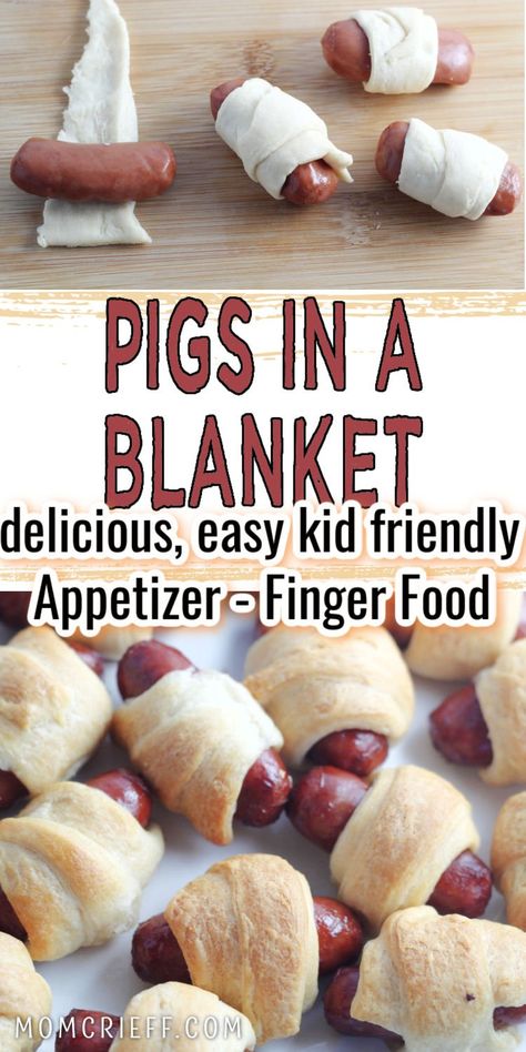 A delicious finger food perfect for get togethers like game day! You'll love how easy these pigs in a blanket using crescent rolls are to make! Finger Foods For Get Togethers, Baby Shower Snack Ideas Finger Foods, Pigs In A Blanket Crescent Rolls, Game Day Appetizers Easy, Pigs In A Blanket Recipe Pillsbury, Easy Game Day Snacks, Finger Foods For Toddlers, Mini Pigs In A Blanket, Kids Appetizers