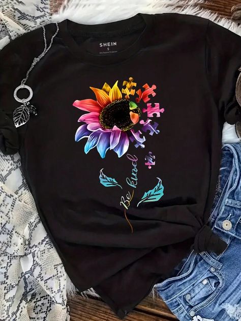 Shirts Women Fashion, Painted Clothes, Estilo Hip Hop, Tee Shirt Designs, Sunflower Print, Fabric Floral, Women T Shirts, Graphic Tees Women, Black Casual