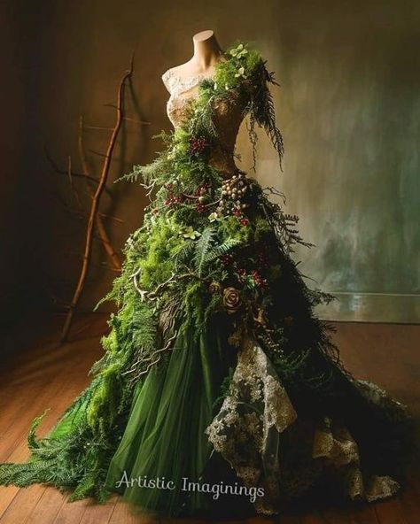 Green Woodland Dress, Mother Nature Fairy Costume, Nature Theme Fashion Show, Fantasy Forest Dress, Clothes Inspired By Nature, Fantasy Nature Outfit, Plant Inspired Outfits, Forest Inspired Outfit, Nature Themed Dress