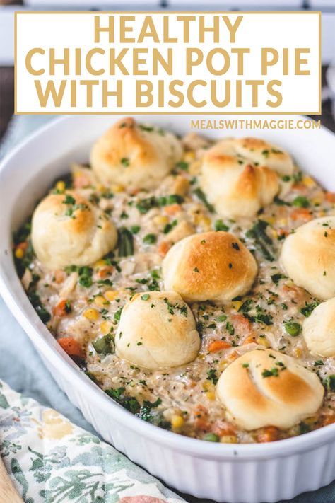 This Healthy Chicken Pot Pie with Biscuits is easy, delicious and is big enough to feed the whole family. Heart healthy, comforting and satisfying. | mealswithmaggie.com #chickenpotpie #healthychickenpotpie #chickenpotpiewithbiscuits #healthycomfortfood #easychickenpotpie Healthy Easy Recipes Dinner, Healthy Pot Pie Casserole, High Protein Chicken Pot Pie, Healthy Chicken Pot Pie With Biscuits, High Protein Chicken Pot Pie Soup, Macro Friendly Chicken Pot Pie Casserole, East Chicken Pot Pie With Biscuits, Healthy Pot Pie, Heart Healthy Chicken Recipes