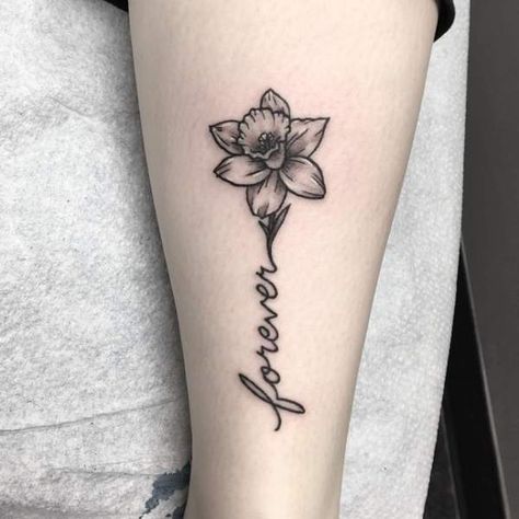 Daffodil Tattoo With Name In Stem, Daffodil Tattoo Wrist, Narcissus And Daffodil Flower Tattoo, Daffodil Name Tattoo, Daffodil Tattoo Men, Daffodil Finger Tattoo, Narciso Flower Tattoo, Daffodil Vine Tattoo, Daffodil Tattoo With Name