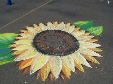 chalk sunflowers on the pavement at school Chalk Sunflower, Sunflower Chalk Art, Chalkboard Hand Lettering, Chalk Rock, Sidewalk Chalk Art, Art Simple, Sidewalk Art, Chalk It Up, Sidewalk Chalk