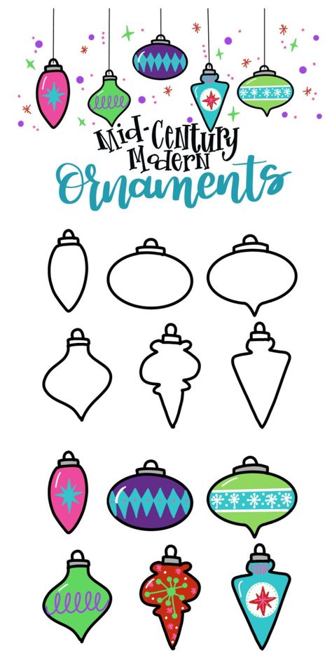 How to Draw Retro Mid-Century Modern Ornaments - Amy Latta Creations Christmas Graphic Design Inspiration, Mid Century Modern Christmas Tree, Christmas Tree Doodle, Modern Ornaments, Colorful Mid Century Modern, Tree Doodle, Christmas Tree Drawing, Modern Christmas Ornaments, Christmas Drawings