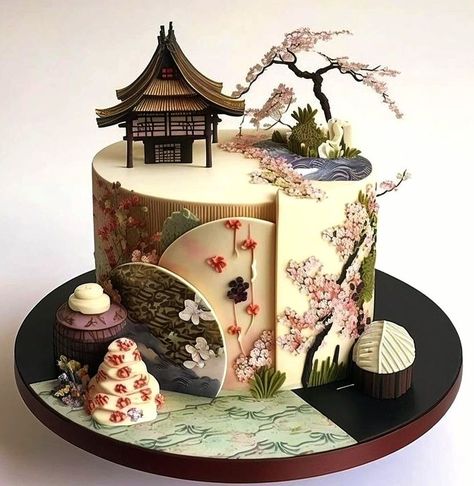 Japanese Cake Design, Japanese Wedding Cakes, Beautiful Pie Crusts, Chinese Cake, Chinese Wedding Decor, Japanese Cake, Cupcake Tutorial, Amazing Food Decoration, New Year's Cake