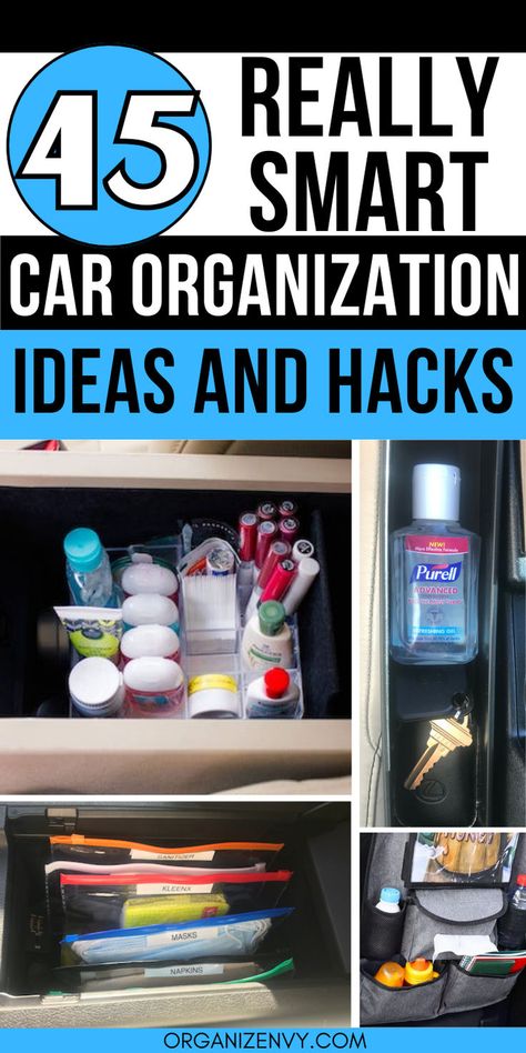 Collage of photos showing organized car consoles, a front seat car organizer, and a backseat car organizer Glove Box Organization, Car Console Organization, Car Organization Kids, Car Organization Ideas, Car Organization Hacks, Car Organization Diy, Car Organization, Console Organization, Car Hacks