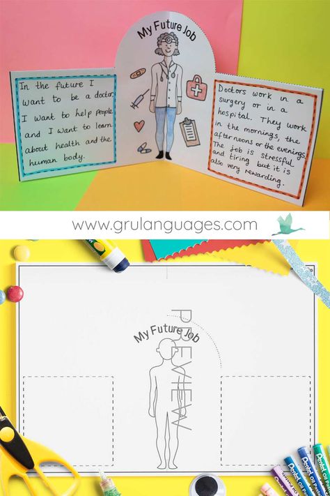 A fun and creative printable craft worksheet for children to practise writing about their future job. Jobs Worksheets For Kids, Jobs Activities For Kids, Jobs Worksheet, Teenager Activities, Esl Kids, Up Craft, Teacher Projects, My Future Job, Activity Worksheet