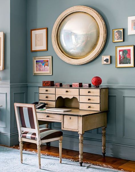 Furniture, Room, Interior design, Green, Red, Table, Yellow, Wall, Hutch, Dining room, Dix Blue Farrow And Ball, Small Office Ideas, Harlem Apartment, Dix Blue, Best Blue Paint Colors, Workplace Decor, Oval Room Blue, Small Home Offices, Room Blue