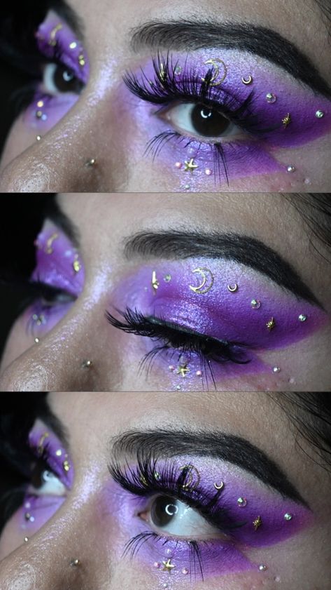 Halloween Purple Makeup, Purple Witchy Makeup, Purple Festival Makeup, Wizard Makeup, Witch Makeup Purple, Purple And Black Makeup, Purple Halloween Makeup, Purple Elf Makeup, Purple Star Makeup