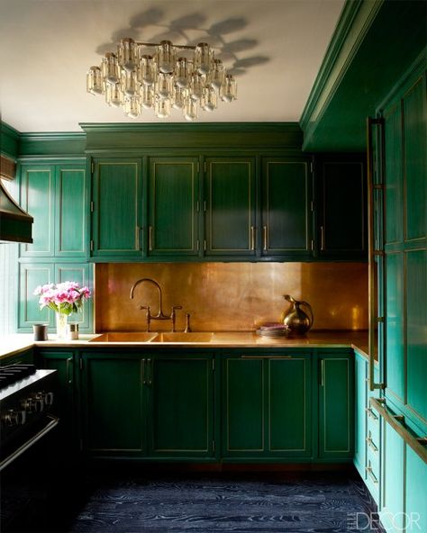 Adding Shimmer & Shine To My Cabinet Doors With Gold Leaf - Addicted 2 Decorating® Manhattan Kitchen, Celebrity Kitchens, Copper Backsplash, Green Kitchen Cabinets, Herringbone Backsplash, Manhattan Apartment, Classic Kitchen, Green Cabinets, Copper Kitchen