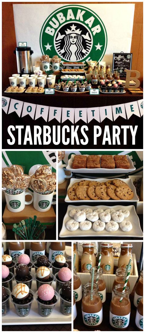 A Starbucks Coffee dessert bar with a coffee bar and Starbucks cake pops and a lot of desserts! See more party planning ideas at CatchMyParty.com! Coffee Themed Party, Starbucks Birthday Party, Starbucks Cake Pops, Starbucks Party, Starbucks Cake, Starbucks Birthday, Bff Things, Donut Bar, Coffee Party