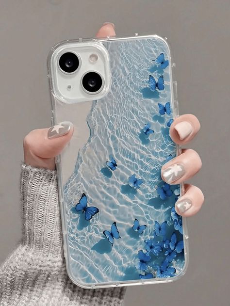 1pc Creative Blue Beach Butterfly Pattern Transparent Shockproof Phone Case For IPhone 16 Pro Max, 11/12/13/14 Plus, XR/7/8 PlusI discovered amazing products on SHEIN.com, come check them out! Color Cian, Butterfly Beach, Beach Phone Case, Creative Butterfly, Preppy Phone Case, Clear Beaches, Beach Pattern, Trendy Iphone Cases, Fashion Mirror