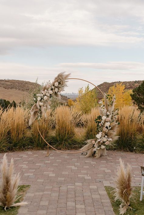 Wedding Arch Rustic Outdoor Ceremony, Pampas Grass Ceremony Arch, Pampas Grass Wedding Arch Circle, Circle Arch With Pampas, Greenery And Pampas Grass Wedding Arch, Neutral Wedding Arch, Wedding Arch Outdoor Ceremony, Wedding Ceremony Arch Outdoor, Circle Arch Wedding