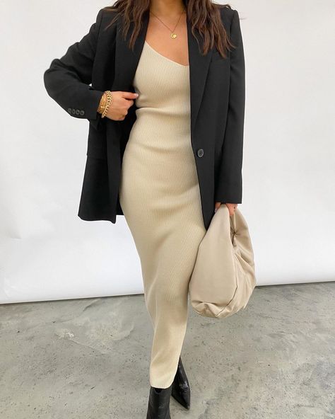 P R E T T Y L A V I S H (@prettylavishuk) posted on Instagram: “A look that will never go out of fashion. The Lara Midaxi Dress styled with a classic black blazer and heeled ankle boots 😍🖤” • Jan 23, 2021 at 4:50pm UTC Brown Long Dress, Nyc Fits, Beige Blazer, Black Blazer, Cream Dress, Heeled Ankle Boots, Blazer Dress, Linen Dress, Classic Black