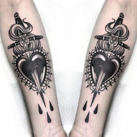 Heart Dagger Tattoo, Sacred Heart Tattoo, Optical Illusion Tattoos, Illusion Tattoos, Shin Tattoo, Sacred Heart Tattoos, Heart Tattoos, Fire Tattoo, Heart Tattoo Designs