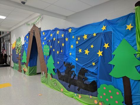 Summer Camp Classroom Themes, Camping Theme Hallway Decorations, Camp Theme School Hallway, Camp Theme Book Fair, Campfire Decorations For Classroom, Camping Hallway Decorations, Campfire Vbs Decor, Camping Classroom Decorations, Camp School Theme