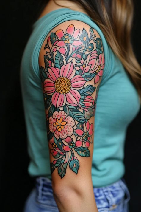 Short Sleeve Tattoo, Traditional Cactus, Nature Sleeve Tattoo, Nature Sleeve, Women Half Sleeve, Tattoos For Women Flowers, Tattoos For Women Half Sleeve, Sleeve Tattoo Ideas, Floral Tattoo Sleeve