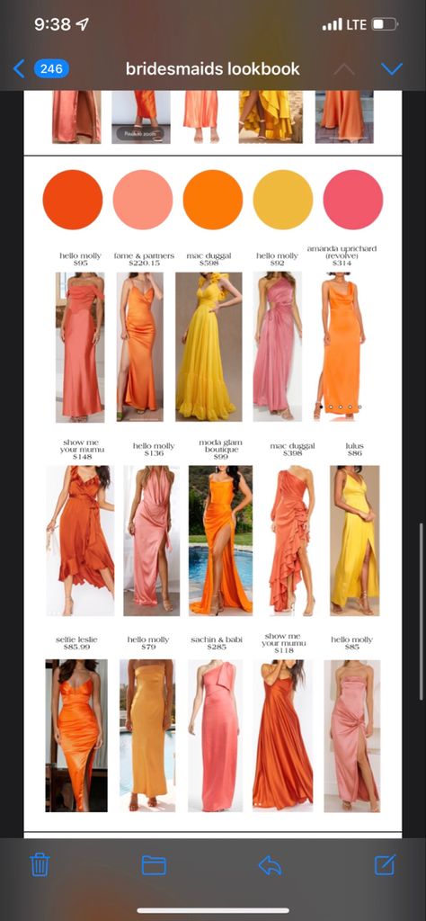 Sunset Ombre Bridesmaid Dresses, Sunset Color Palette Bridesmaids, Tropical Wedding Theme Colors Bridesmaid Dresses, Sunset Colored Dress, Sunset Colored Bridesmaid Dresses, Sunset Themed Outfits, Tequila Sunrise Color Palette, Sunset Colors Bridesmaid Dresses, Sunrise Wedding Theme