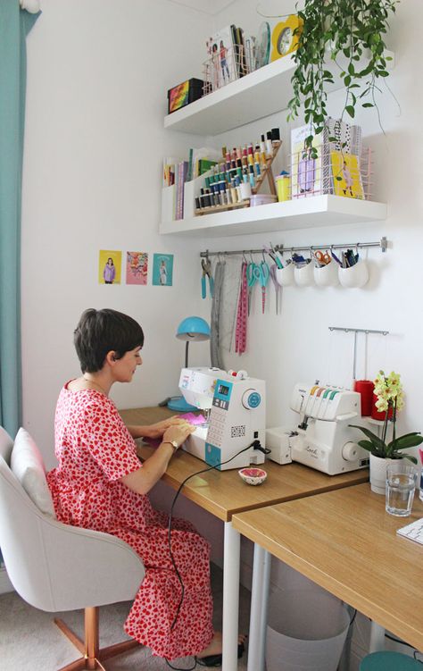 Cute Sewing Room Decor, Sewing And Bedroom Ideas, Sewing In Bedroom, Home Sewing Studio Ideas, Diy Sewing Table With Storage, Small Sewing Space In Living Room, Small Sewing Space Organization, Small Sewing Space In Bedroom, Sewing Rooms In Small Spaces