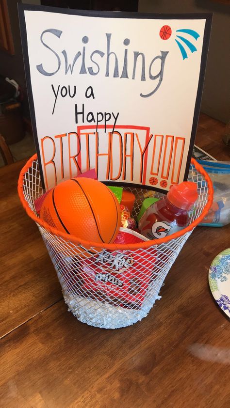 Bae Basket For Boys, Best Birthday Presents For Boyfriend, Men Birthday Present Ideas, Dollar Tree Baskets Gift, Basketball Birthday Gift Ideas, Basketball Gift For Boyfriend, Boys Present Ideas, Gift Basket Ideas Basketball, What To Put In A Gift Box For Boyfriend