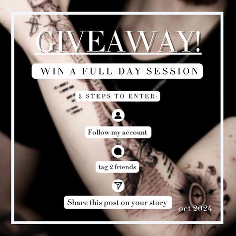 — TATTOO GIVEAWAY — To celebrate 3 years as a tattoo artist, I want to give back to you all! 😇 Win a full-day session valued at 10,000kr (8 hours of tattooing)! To enter, please read and follow the instructions below: To enter, you must: 1. Follow my account 2. Tag 2 friends 3. Share this post on your Instagram The winner will be announced on the 31st of October, and entries close on the 30th at 6 pm! Stay tuned ✨ ⚠️ BEWARE OF SCAMMERS! I WILL NOT CREATE SECOND ACCOUNTS FOR THIS GIVE... Win Tattoo, Tattoo Giveaway, 2 Friends, Give Back, The Winner, A Tattoo, My Account, Tattoo Artist, Stay Tuned