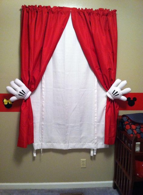 Mickey Mouse curtains. Simply use plain red and white curtains and metal curtain pull backs. We also used large rubber bands to hold the curtains in place. Then place Mickey Mouse gloves over the pull backs and voila! Perfect for a nursery. Mickey Mouse Curtains, Red And White Curtains, Mickey Bathroom, Mickey Mouse Nursery, Mickey Mouse Bathroom, Minnie Mouse Bedroom, Mickey Mouse Room, Mickey Mouse Bedroom, Disney Bathroom