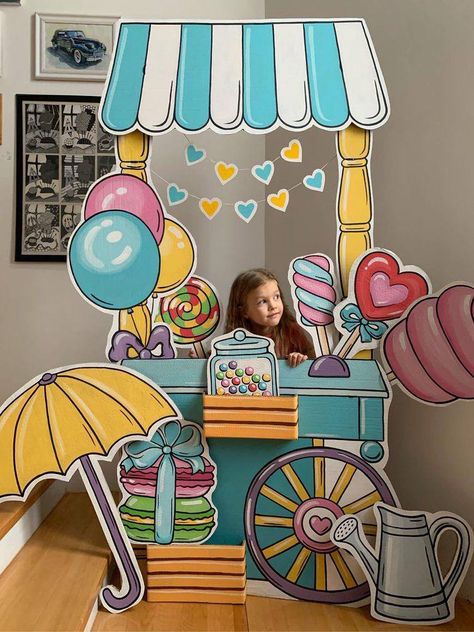 Candy Photo Booth Ideas, Carnival Stall Decoration Ideas, Candy Booth Ideas, Candy Photo Booth, Candy Booth, Pet Advertising, Basement Ideas Bar, Deco Disney, Decoration Vitrine