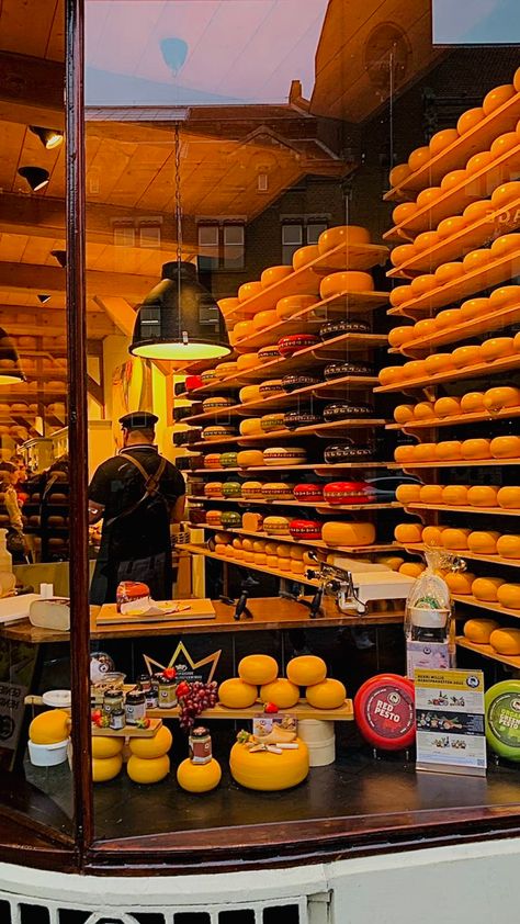 #aesthetic #academiacore #amsterdam #fall #autumn #cheese #goldenhour #cute Cheese Store Design, Cheddar Cheese Aesthetic, Cheese Shop Aesthetic, Cheese And Wine Shop, Amsterdam Cheese Museum, Cheese Shop, Amsterdam, Cheese