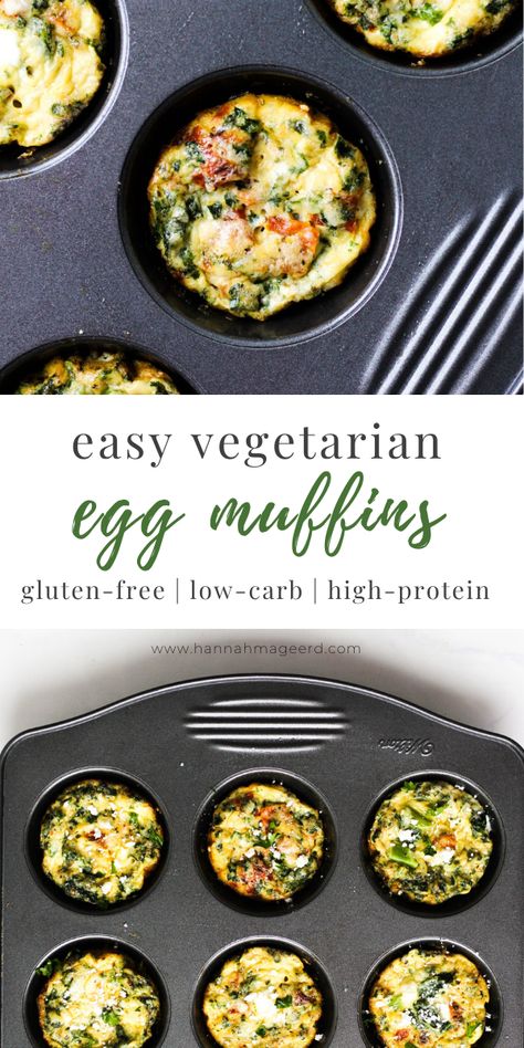 These Vegetarian Egg Muffins are easy to make and great to meal-prep + enjoy all week long! Made with 5 simple ingredients, they’re a protein-rich breakfast or snack option.  #mealprep #breakfast #healthybreakfast #eggmuffins #vegetarianrecipes #vegetarian #vegetarianeggmuffins #eggs #eggrecipes #lowcarb #glutenfree #highprotein #easybreakfast Vegetarian Muffins, Veggie Egg Muffins, Mealprep Breakfast, Meatless Breakfast, Rich Breakfast, Clean Eating Vegetarian Recipes, Egg Muffins Recipe, Clean Meal Prep, Clean Eating Vegetarian