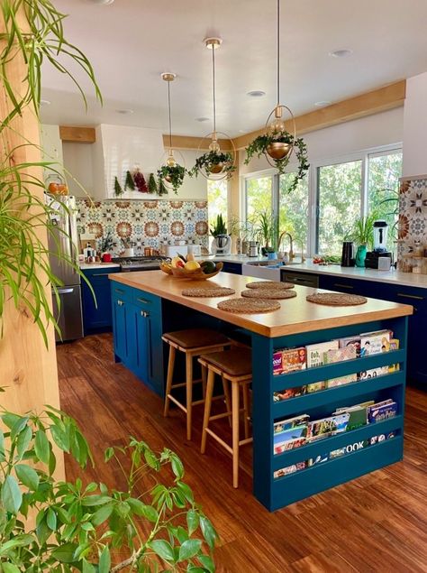 Blue Kitchen Wood Counter, Counter Seating In Kitchen, Boho Vintage Kitchen, Wood And Color Kitchen, Bright Colorful Kitchen, Basement Kitchen With Island, Kitchen In Room, Small Kitchen With Bar, Wood Paneling Kitchen