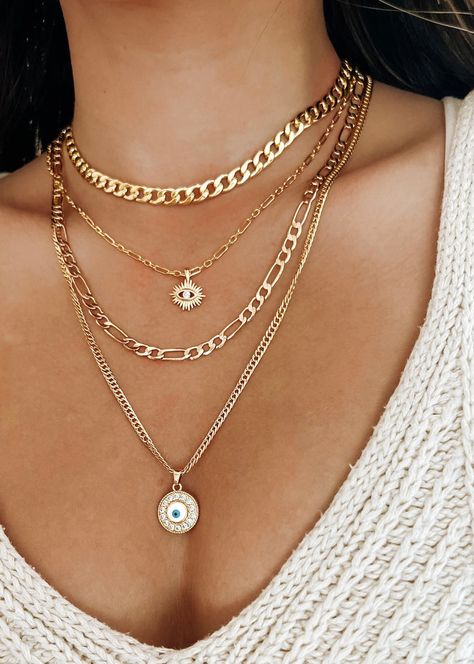 Buy Gold Filled Jewelry Sets for Women – YUMIYU 2024 Jewelry, Sun Burst, Figaro Necklace, Evil Eye Necklace Gold, Evil Eye Design, Jewelry Accessories Ideas, Chunky Jewelry, Stacked Jewelry, Jewelry Lookbook