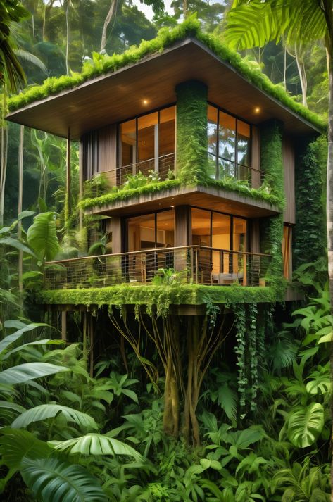 A stunning jungle canopy home with incredible detail and natural ventilation. Living walls covered in flowering vines create a tranquil, beautiful space. #tropicaldesign #architecture #wellness Rainforest House, Tropical Canopy, Jungle Canopy, Nature Houses, Jungle Home, Natural Forest, Jungle House, Home Nature, House In Nature