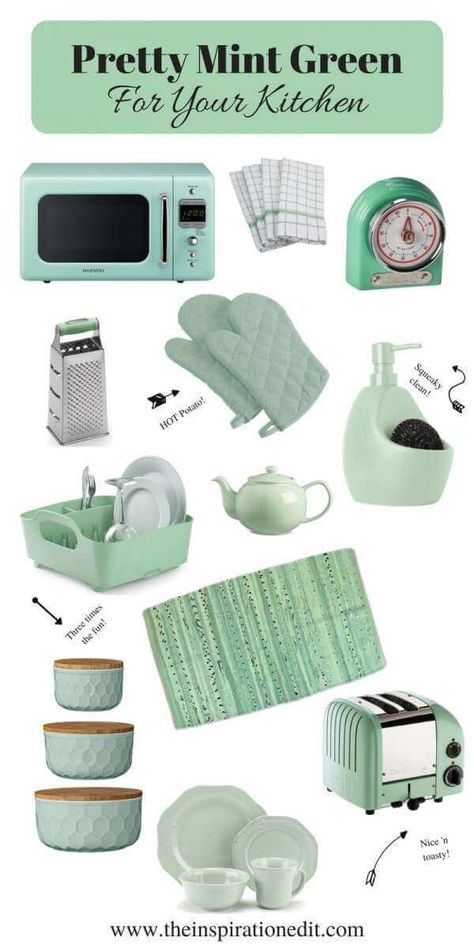 Mint Green Kitchen Ideas, Green Kitchen Ideas, Mint Green Kitchen, Green Kitchen Accessories, Green Kitchen Decor, Sage Green Kitchen, Room Of One's Own, Green Accessories, Cute Themes