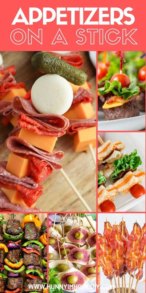 These party appetizers on a stick are the best recipes to serve a crowd at your next get together! Make kabobs and skewers for your guests to snack on at any celebration. From no bake finger food to grilled meats and veggies, there are plenty of easy recipes to make for your BBQs, potlucks, and picnics. Learn how to make your own individual party food for any celebration with step by step instructions. Finger Foods On A Stick, Snack On A Stick, Finger Food Kabobs, Appetizers On A Stick Bite Size, Make Ahead Skewers, Finger Food For Outdoor Party, Festival Party Food Ideas, Best Skewer Appetizers, Party Snacks No Cook