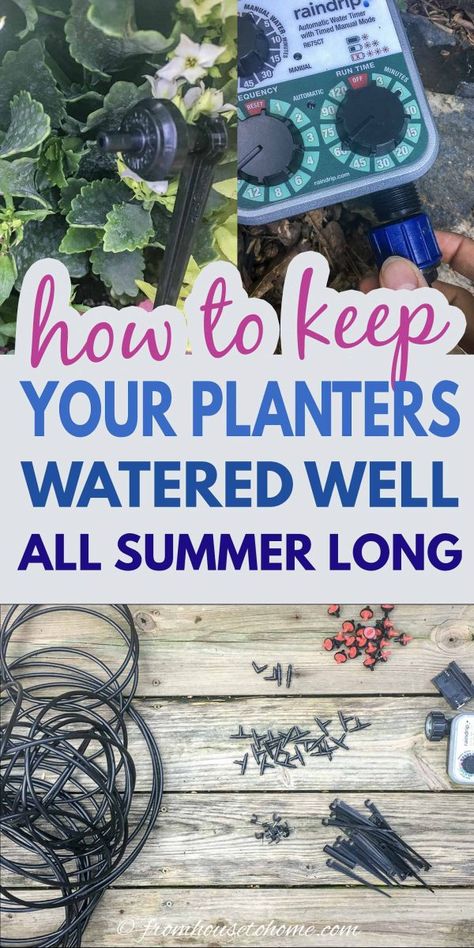 This step-by-step tutorial will help you set up an automatic watering system that will keep outdoor planters watered while you're on vacation Plant Watering System, Automatic Watering System, Garden Watering System, Deck Makeover, Water Timer, Easy Gardening, Gardening Vegetables, Potted Plants Outdoor, Watering System