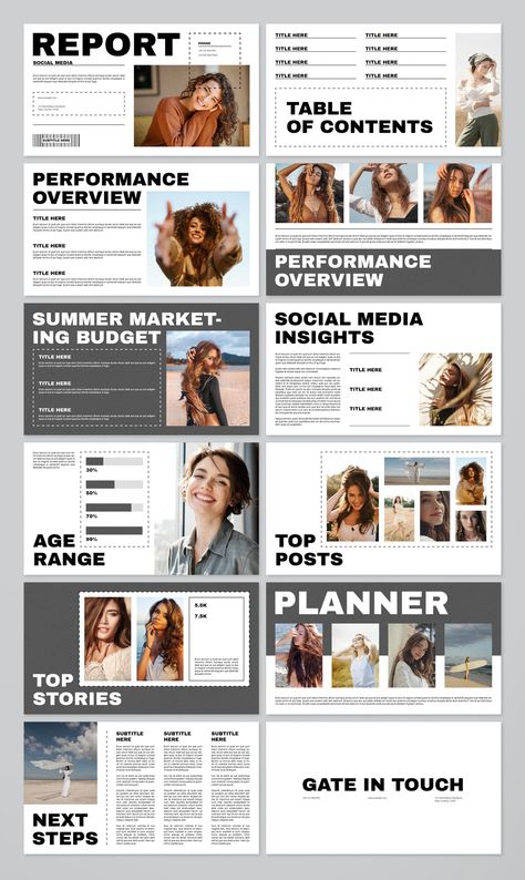 Modern social media report template with creative slides for presenting data and insights in a visually appealing way. Perfect for social media managers, marketers, and entrepreneurs who want to create engaging and effective Social Media Report Template, Social Media Portfolio, Report Presentation, Social Media Report, Ppt Template Design, Deck Layout, Summer Marketing, Paid Media, Portfolio Ideas