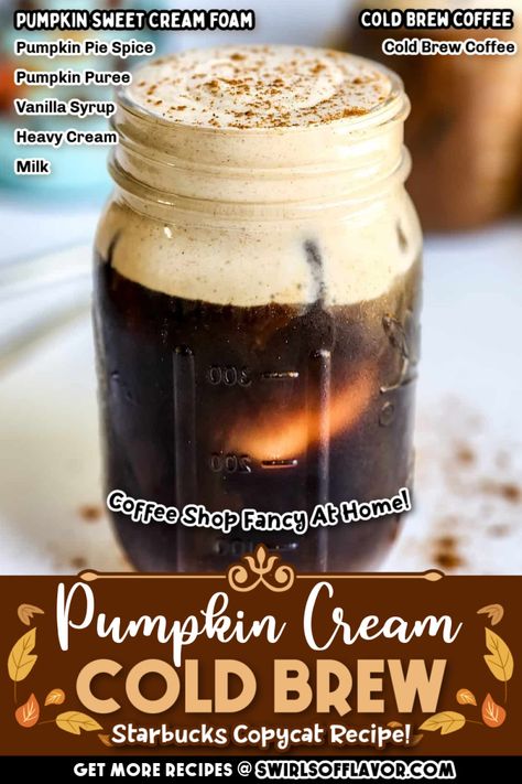 Now that pumpkin spice season has arrived, it's time to make copycat Starbucks Pumpkin Cream Cold Brew at home. With just a few ingredients you can enjoy this specialty cold brew coffee topped with a creamy foam filled with seasonal flavor. An easy Strabucks copycta recipe for cold brew with pumpkin! Pumpkin Spice Cold Foam, Starbucks Pumpkin Cream Cold Brew, Pumpkin Cream Cold Brew, Cream Cold Brew, Kid Friendly Drinks, Cold Brew Recipe, Cold Brew At Home, Cold Brew Iced Coffee, Making Cold Brew Coffee