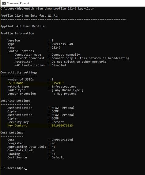 At a Windows Command prompt issue the following command to show the wifi password. netsh wlan show profile networkname key=clear Replace “networkname” with the name of the current network the computer you are on is attached too. In the example below …  Show current wifi password Read More » Hacking Codes, How To Get Any Wifi Password, Wifi Password Download, Password Wifi, Kali Linux Hacks, Computer Password, Wifi Hack, Command Prompt, Password Security