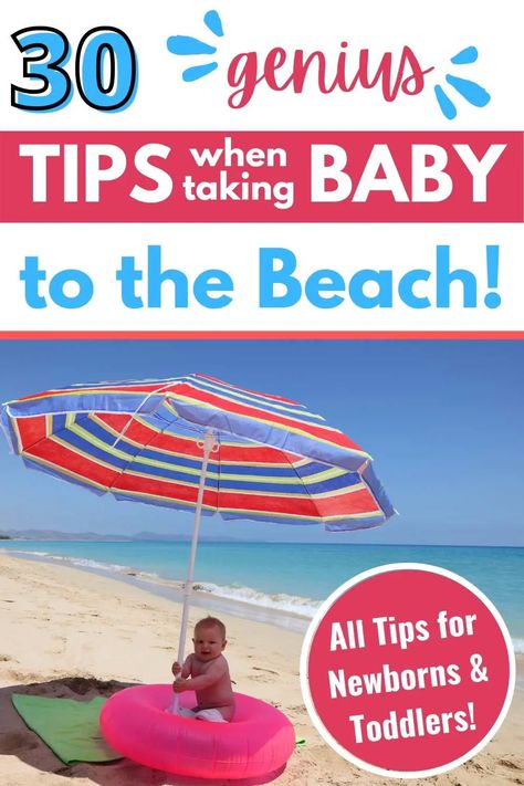 Baby at the Beach (30 Tips & Hacks to enjoy the Vacation!) - Conquering Motherhood Baby To The Beach Tips, Beach Toddler Hacks, Beach With 6 Month Old, Infant Beach Hacks, Babies At The Beach Tips, 8 Month Old Beach Trip, One Year Old Beach Trip Tips, Kid Beach Hacks, Beach Packing List For Baby