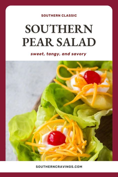 Try this Southern pear salad for a nostalgic delicacy, made with canned pears, mayonnaise, shredded cheese, and maraschino cherries. It might seem crazy, but the balance of sweet, tangy, and savory flavors work incredibly well together. Let’s take a trip down memory lane! Pears With Mayo And Cheese, Pear Salad With Mayo And Cheese, Cherry Appetizers, Pear Salad Recipes, Pumpkin Snickerdoodles, Canned Pears, Maraschino Cherries, Pear Salad, Cottage Cheese Recipes