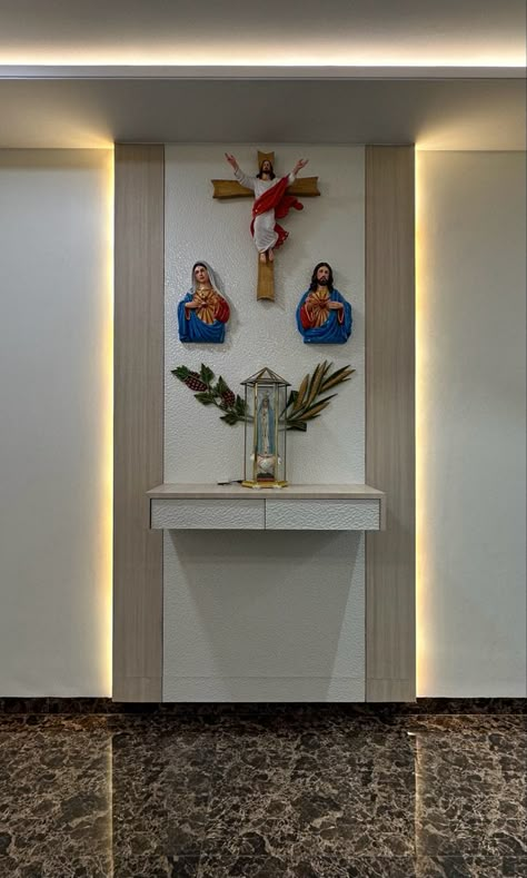 Alter Design For Home Catholic, Wall Altar Ideas Catholic, Catholic Home Altar Ideas Living Rooms, Alter Design, Tv Cabinet Wall Design, Patio Chico, Altar Catholic, Home Altar Catholic, Cottage House Designs