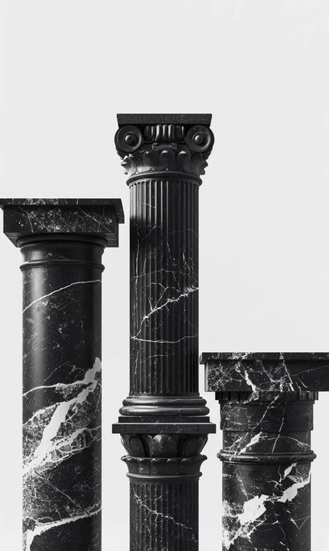 The image shows three black marble columns of different heights on a white background. The columns are all fluted, and the one in the middle is the tallest and has a more ornate capital than the other two ->> more details in ai-img-gen.com Marble Columns, Roman Columns, Bad Taste, Black Marble, In The Middle, The Middle, Art Images, White Background, The One