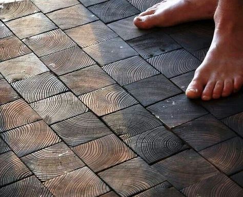 Wood end floor End Grain Flooring, Earthship, Diy Flooring, Wood Flooring, House Flooring, Floor Design, On The Floor, Wooden Flooring, 인테리어 디자인